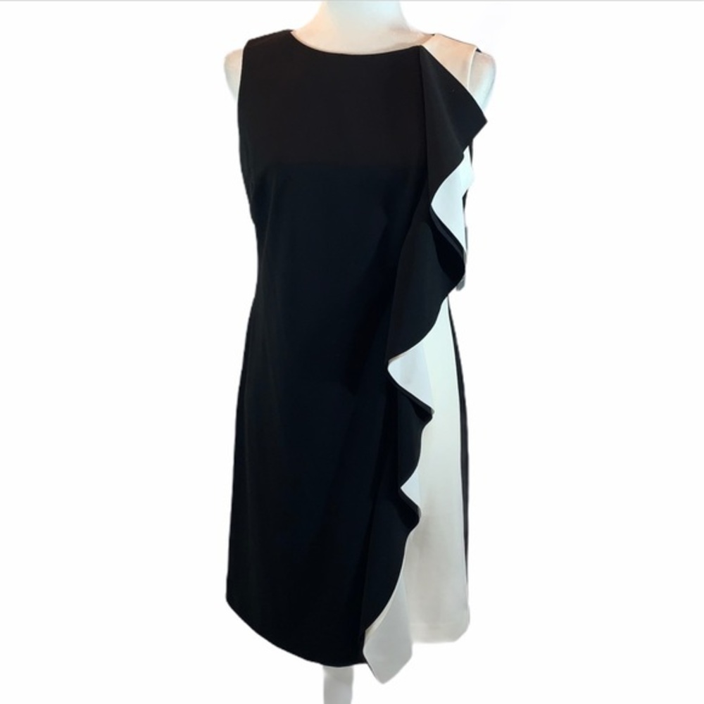 Ralph Lauren size 8P black & ivory sleeveless ruffle front knee length dress